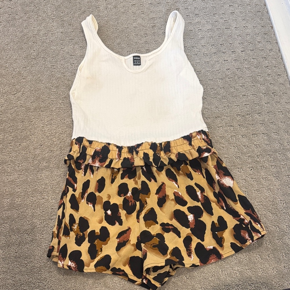 SHEIN White Ribbed Tank with Leopard Print Romper